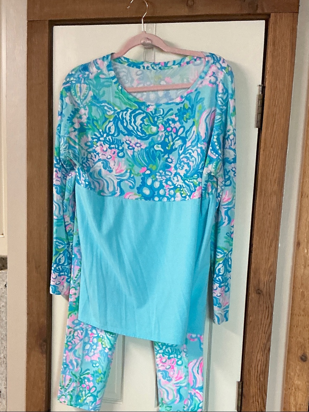 Lilly Pulitzer Aqua & Pink Long Sleeve Printed Top